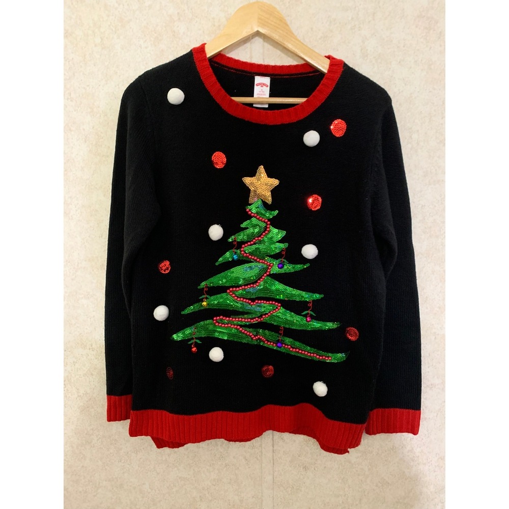 Holiday Time Womens Ugly Christmas Sweater Black Bells Tree Pom Poms Medium 8-10